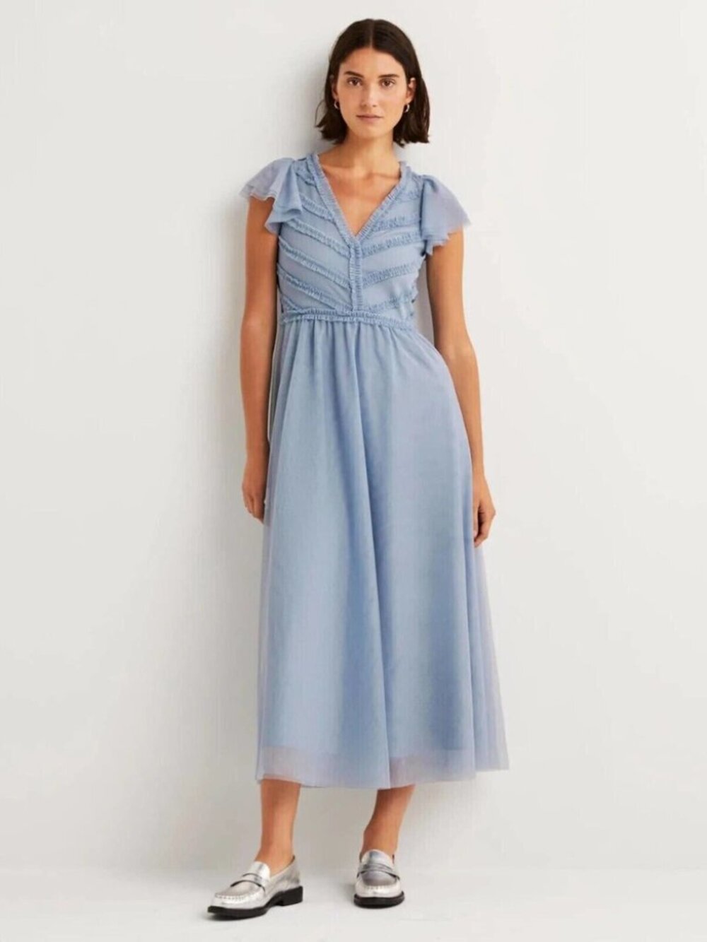 Boden V Neck Ruffle Tulle Dusty Blue Midi Dress Size 4P